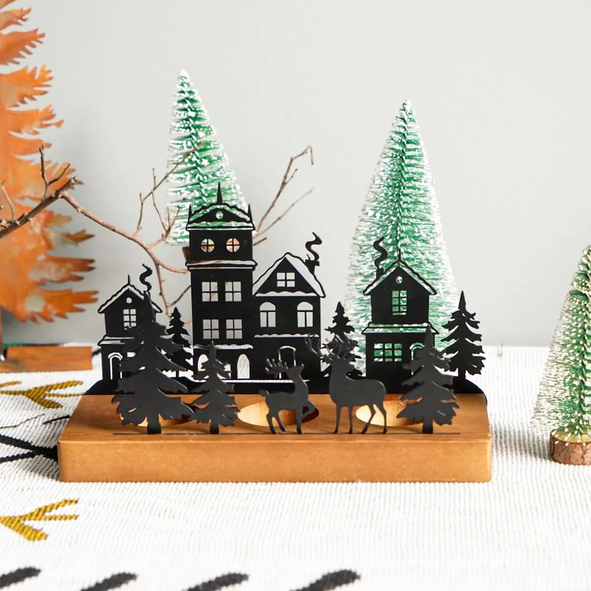 Wrought Iron Christmas Tree Candle Stick Wooden Base Candle Holder – image 6