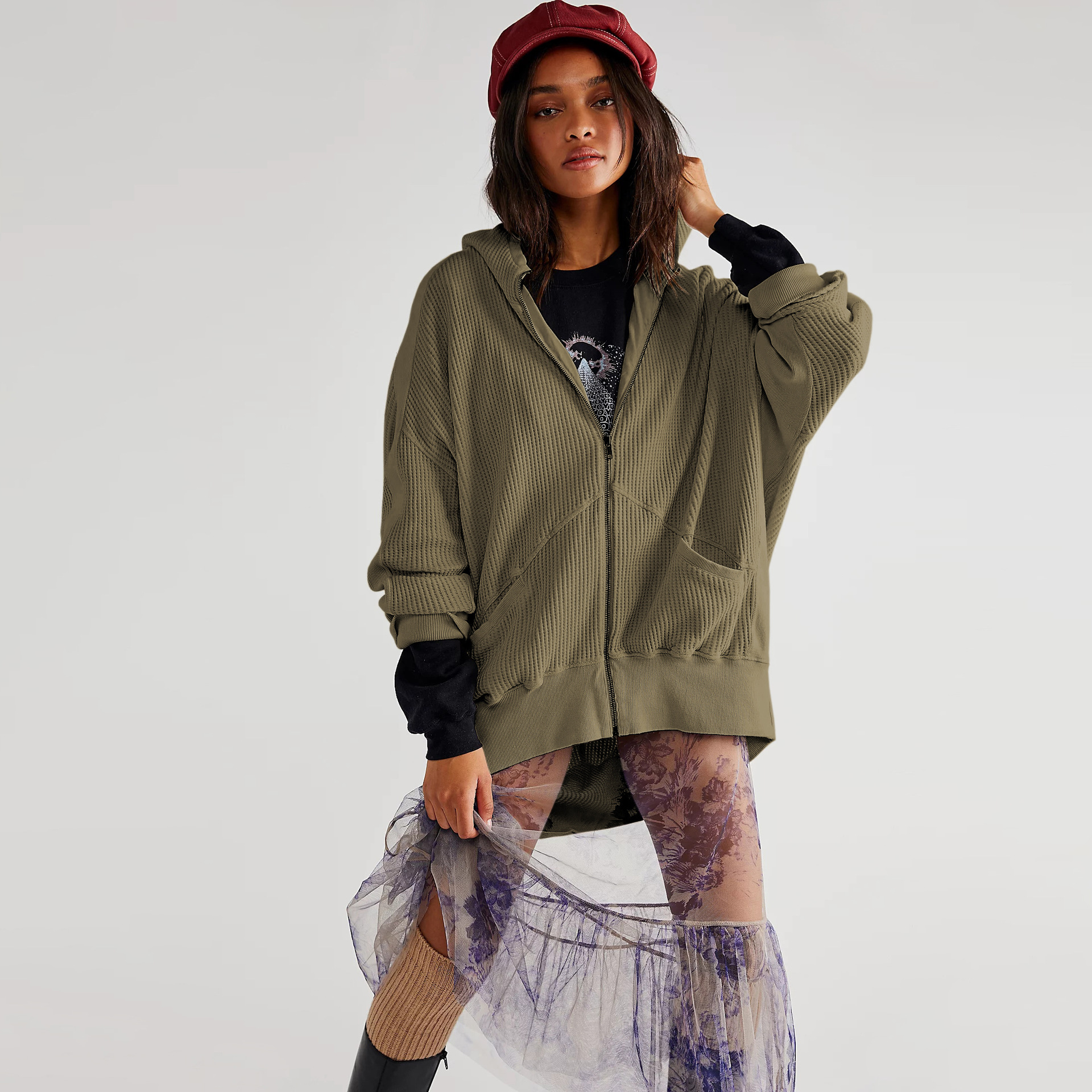 Women's Fashion Casual Waffle Cardigan Zipper Sweater