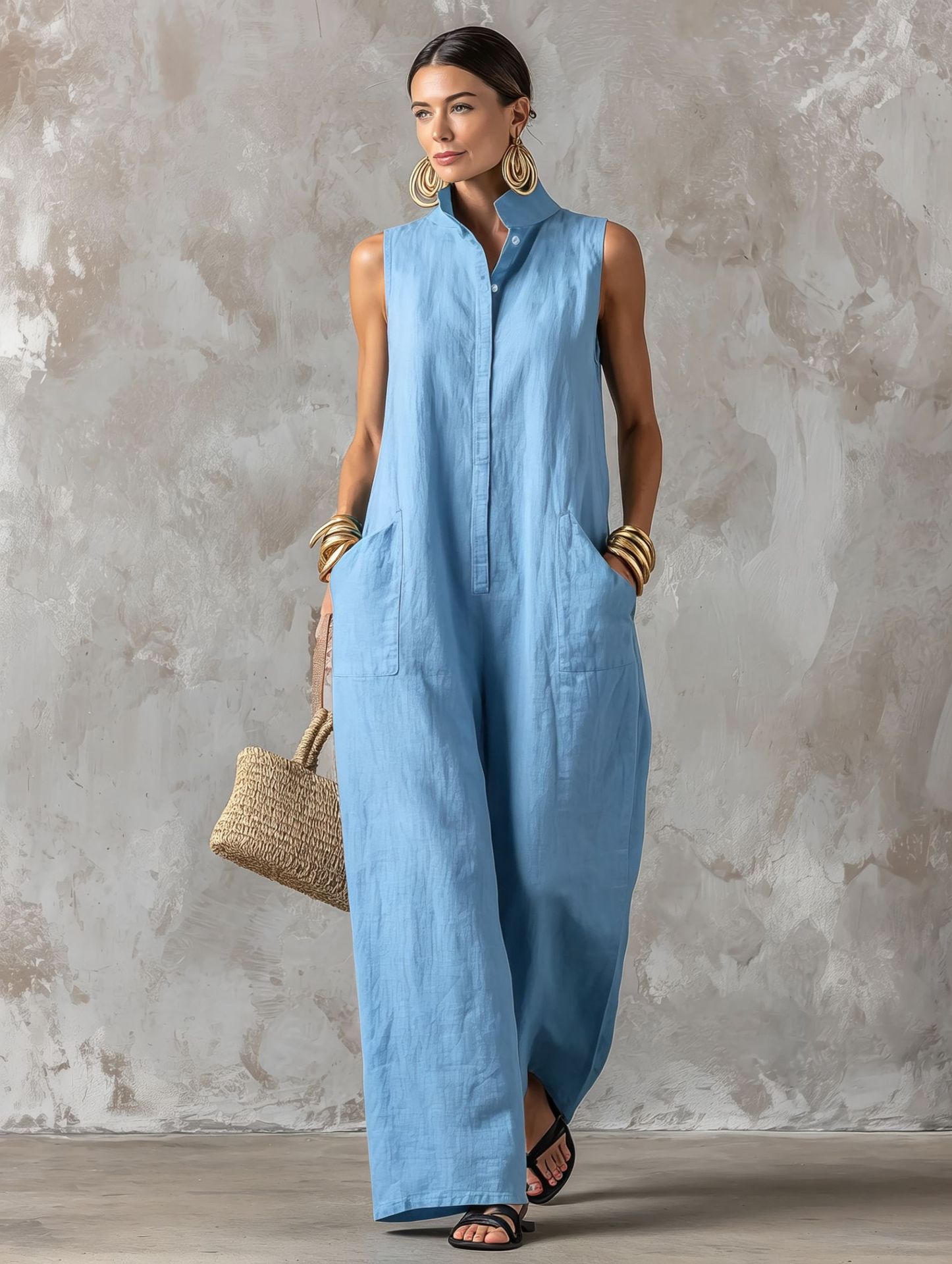 Linen blend sleeveless stand-collar jumpsuit White colorway – women's loose fit boho casual summer outfit