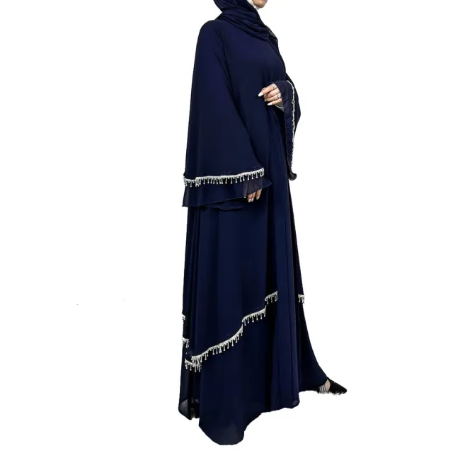 Chiffon Rhinestone Strip Large Bell Sleeve Robe Dress Dark Blue - Shop at LoveMi