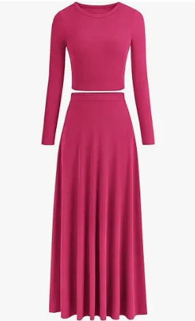 Casual Rib Knitted Long Sleeves Cropped Top Extra Long Piaise Skirt With Suit Rose Red - Shop at LoveMi
