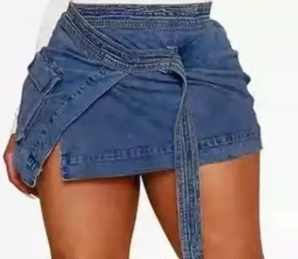 Fashion Lace up Women's Pocket Irregular Denim Skirt Dark Blue - Shop at LoveMi