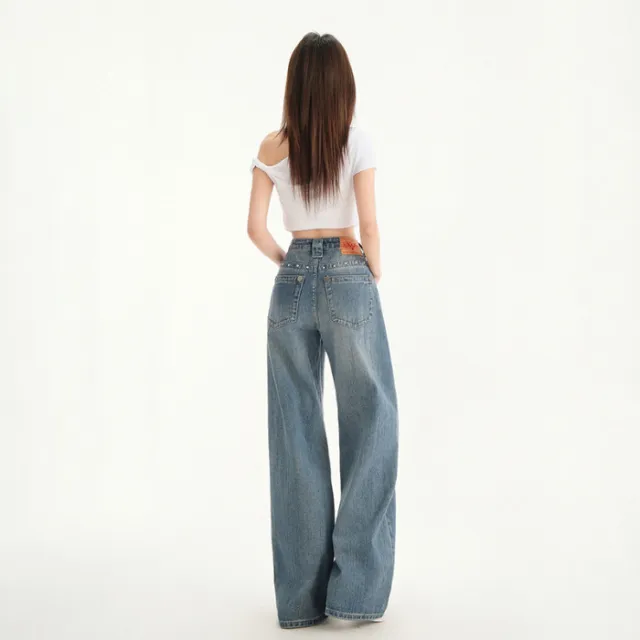 Retro High Waist Stud Design Jeans Lightning Blue Lengthened - Shop at LoveMi