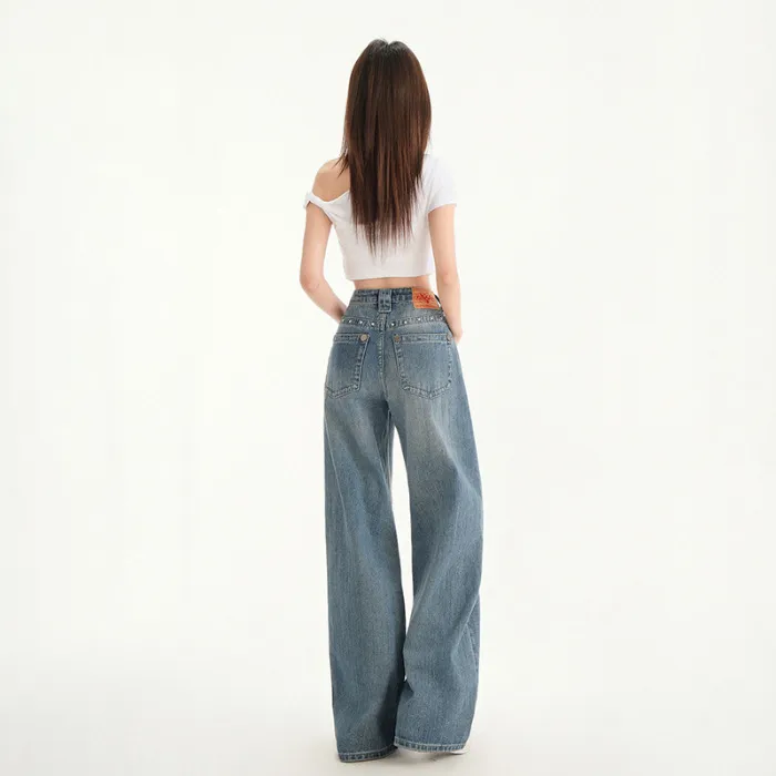 Retro High Waist Stud Design Jeans - Lightning Blue Lengthened