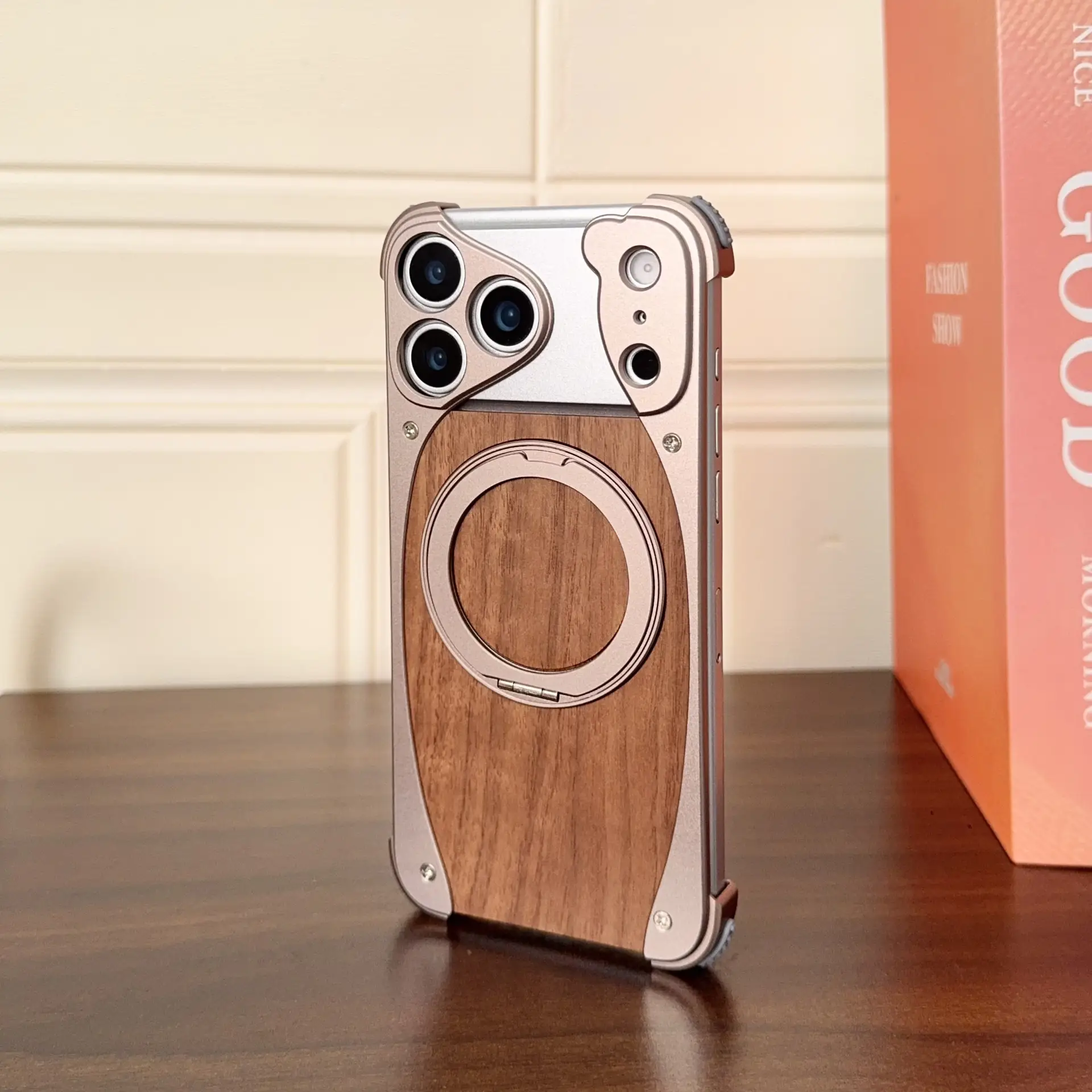Walnut Wood Metal Swivel Stand Frameless Phone Case