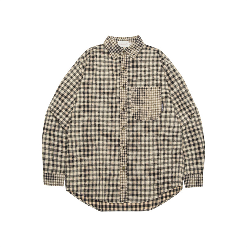 Men's Plaid Pocket Design Contrast Color Shirt Women's Fashionable