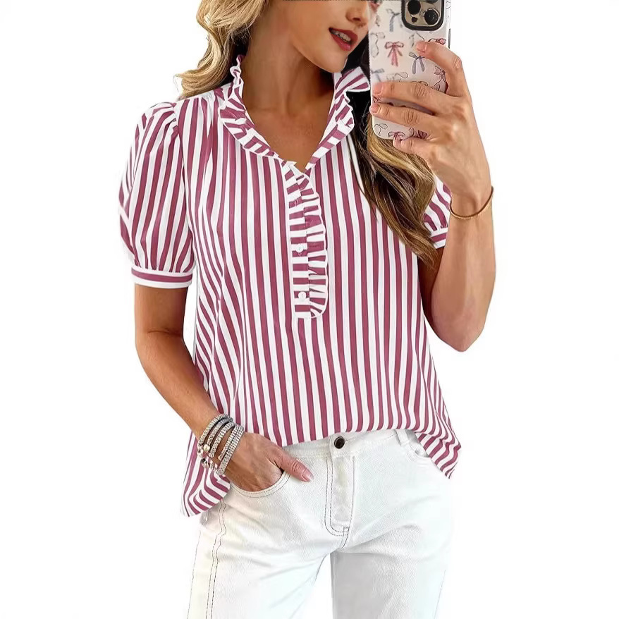 Puff-sleeve Striped Plaid Ruffled V-neck Button-up Top