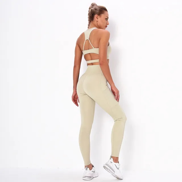 Women's Clothing Beauty Back Top Bra Sports Running Fitness Yoga Striped Pocket Suit Khaki - Shop at LoveMi