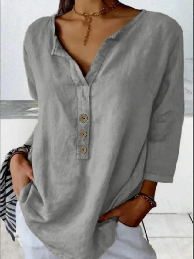 Solid Color Notched Collar Shirt Casual Button Shirt Gray - Shop at LoveMi