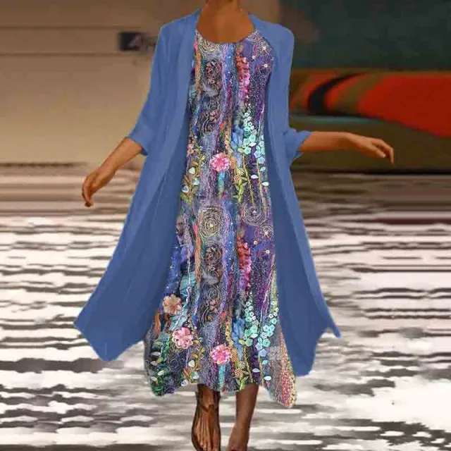 Round Neck Printed Top Summer New Women's Clothing Loose Casual Fashion Dress Blue - Shop at LoveMi