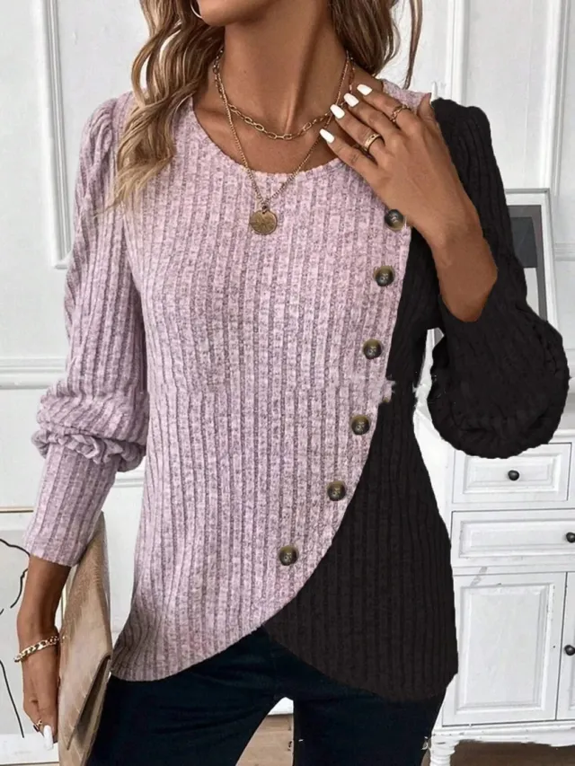 Women's Z Round Neck Multicolor Sunken Stripe Cross Hem Long Sleeve Knitted T shirt Pink - Shop at LoveMi