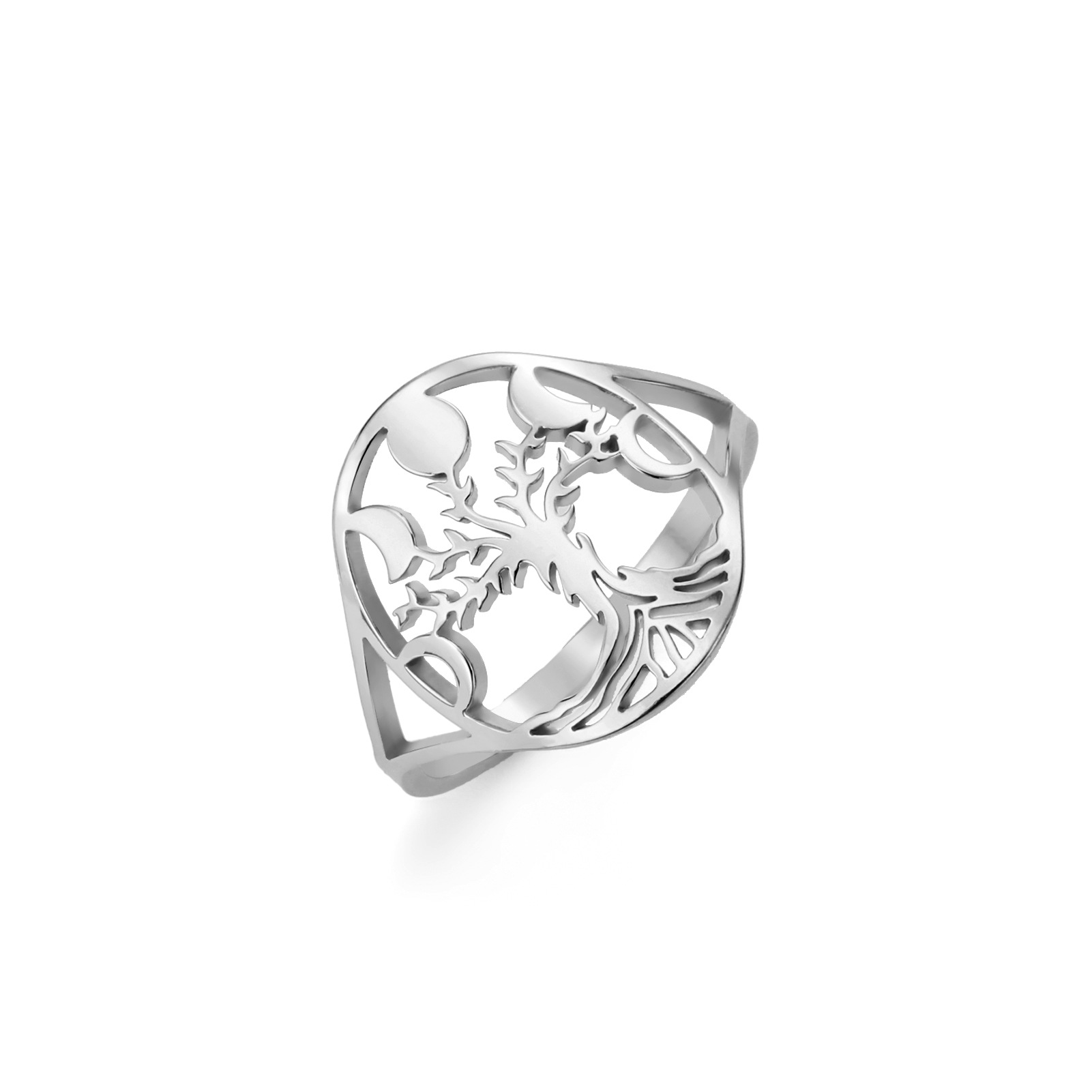 Hip Hop All-match Personality 18K Real Gold Plating Non-fading Hollow Tree Stainless Steel Ring