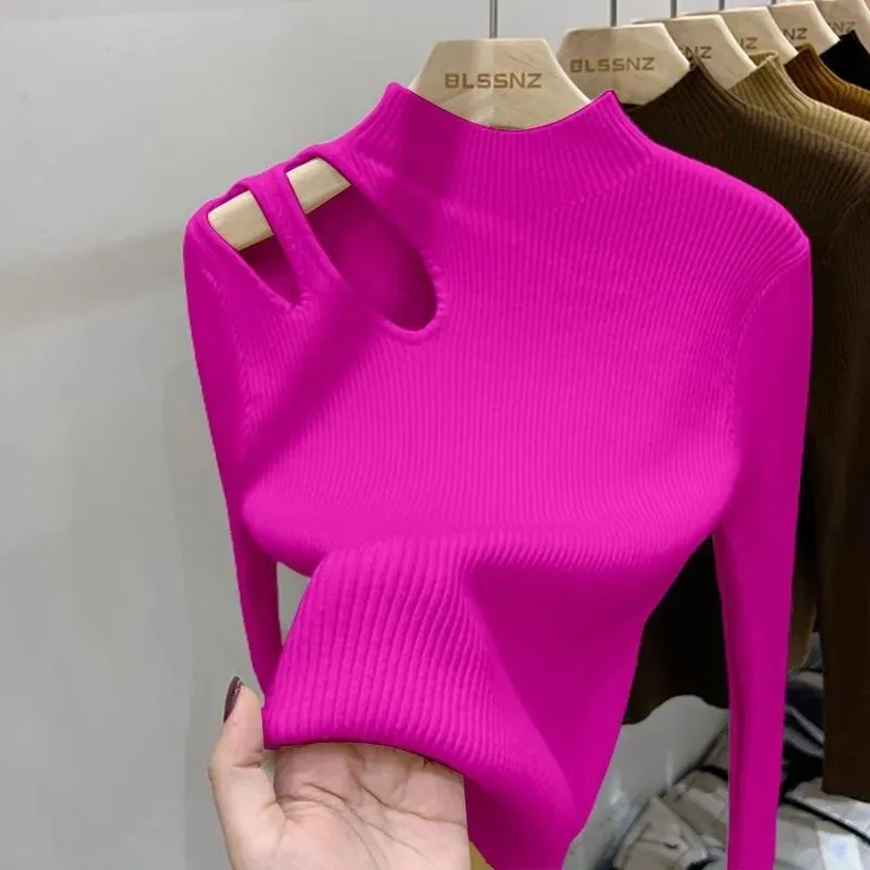 French Water Drop Hollow Out Bottoming Sweater Autumn And Winter Chic Clavicle Sweater - Rose Red