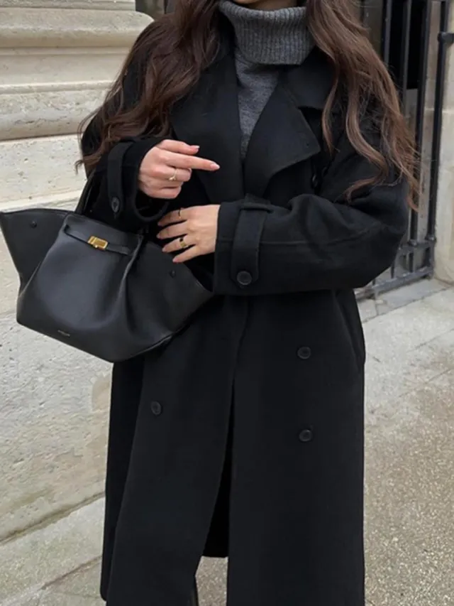Women's Clothing Temperament Pure Color Lapel Long cut Coat Black - Shop at LoveMi