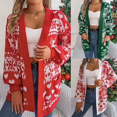 Christmas Clothes Women's Open Front Cardigan Knitwear Lantern Sleeve Xmas Printed Oversized Deer Sweater Pockets Knitted