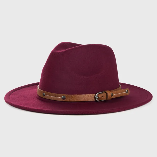 Monochrome Belt Metal Buckle Simple Big Brim Jazz Cowboy Hat Wine Red - Shop at LoveMi