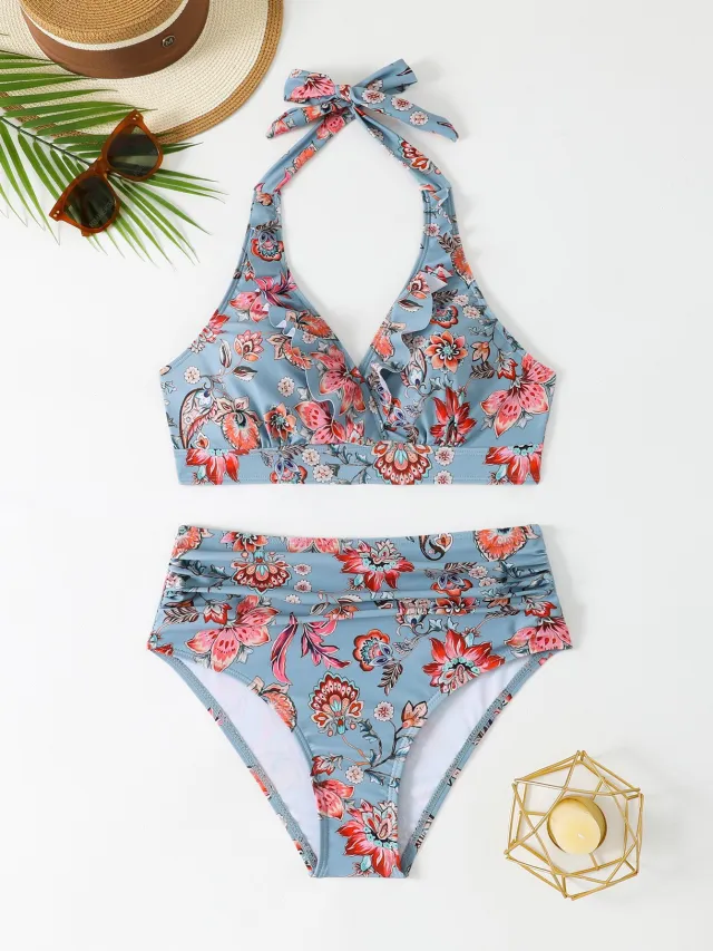 Halter High Waist Pleated Bikini Swimsuit For Women Blue - Shop at LoveMi