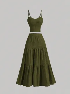 Casual Solid Colour Ribbed Fit Vest Top And Ruched Hem A- Line Skirt - Green - View 1