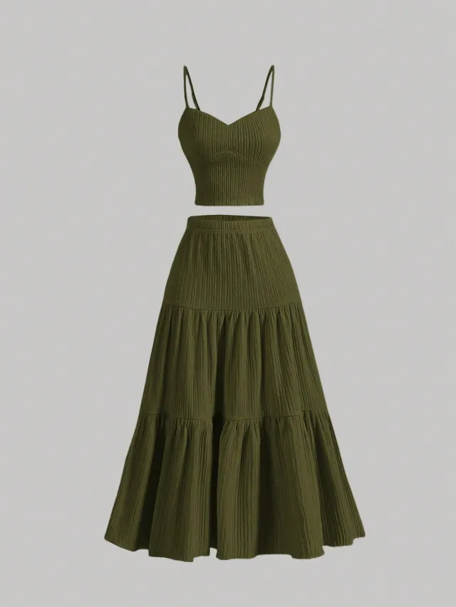 Casual Solid Color Ribbed Fit Vest Top And Ruched Hem A Line Skirt Green - Shop at LoveMi