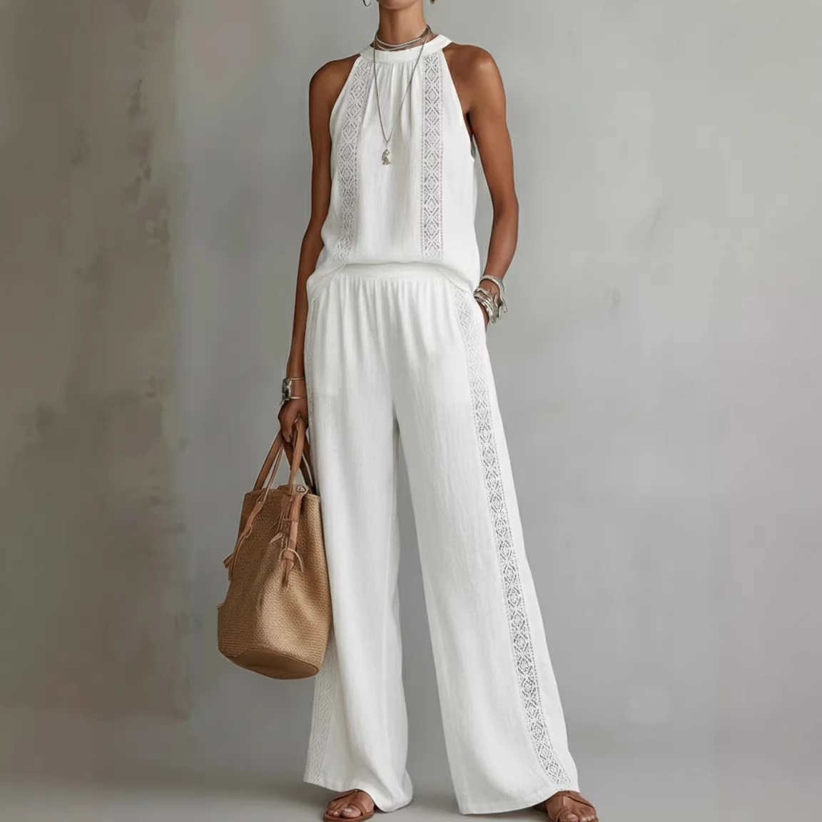 Womens Retro Lace Sleeveless Top And Wide-Leg Pants Two-Piece Set