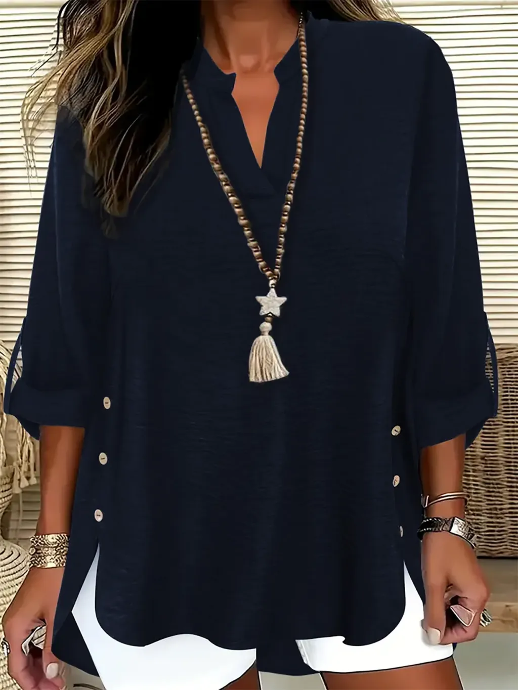 Plus-size Solid-color V-neck Top Springautumn Long-sleeve Relaxed-fit Button-up Elegant Shirt - Blue