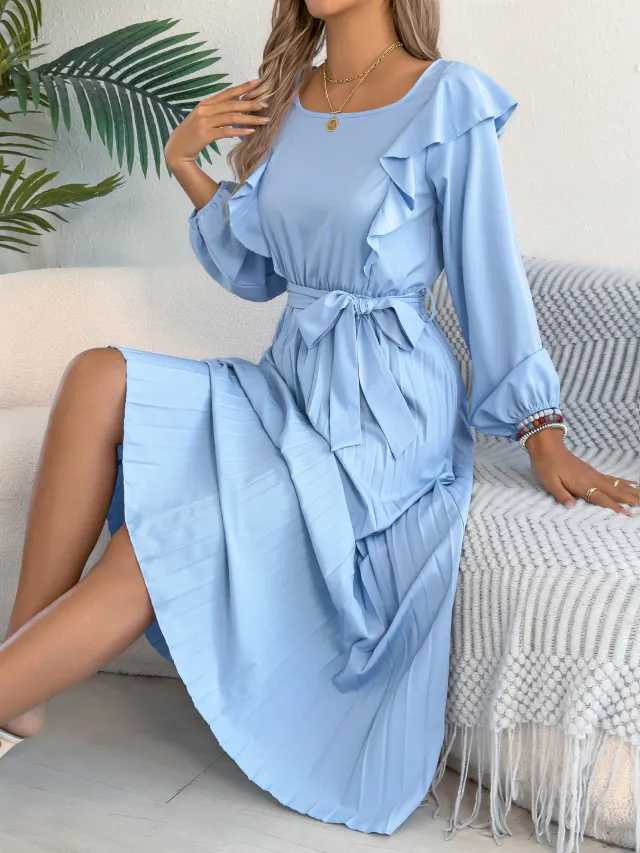 Elegant Ruffled Square neck Long sleeved Waist pleated Dress Blue - Shop at LoveMi