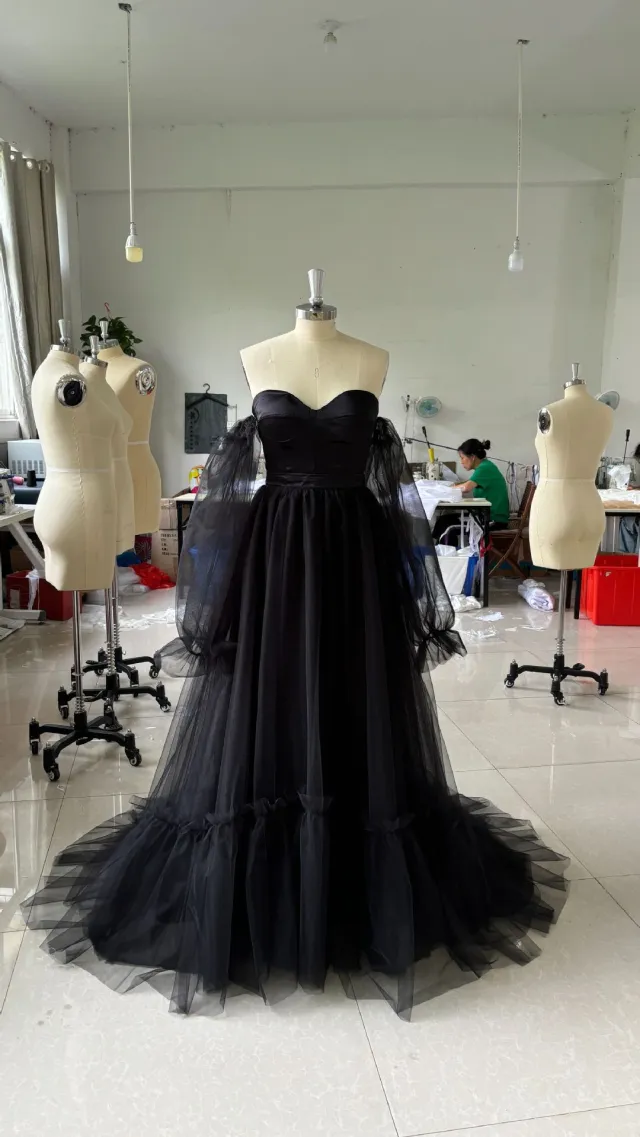 Women's Long Sleeve Transparent Lace Black Wedding Dress Black - Shop at LoveMi