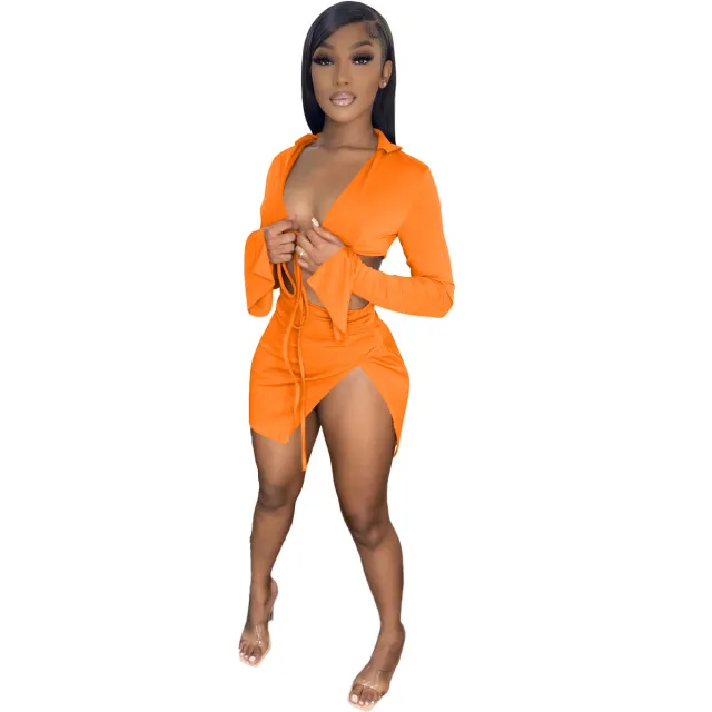 European And American Women's Clothing Spring And Summer Lace up Long sleeved Swimsuit Set Orange - Shop at LoveMi