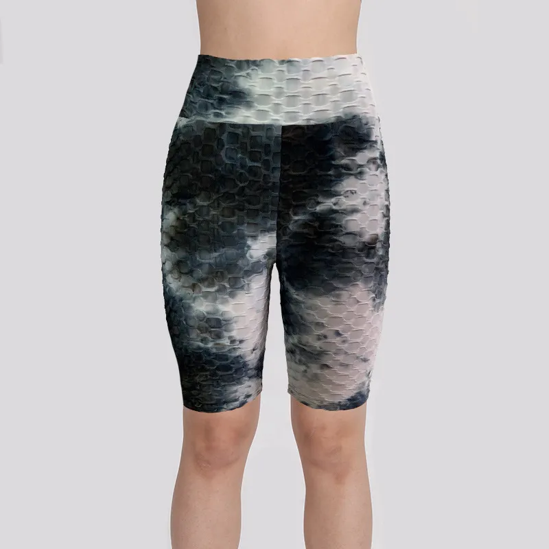 European And American Ink Jacquard Tie-dyed Bubble Short Yoga Pants Fitness Exercise - White