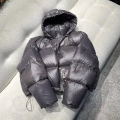 European Goods Down Jacket Women's Short Loose Thick White Duck Down Detachable Hat - Gray - View 1