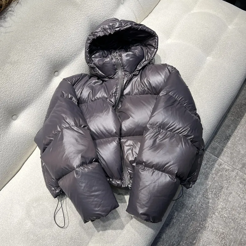 European Goods Down Jacket Women's Short Loose Thick White Duck Down Detachable Hat - Gray