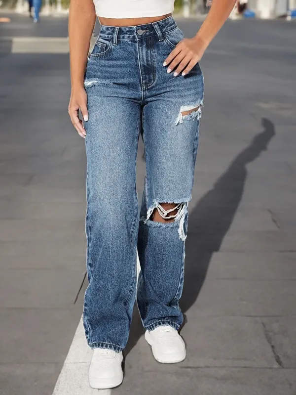 European And American Ripped Trendy Women's Jeans Straight Sky Blue - Shop at LoveMi