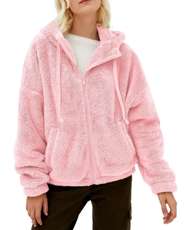 Casual And Comfortable Hooded Loose Zip Plush Pocket Sweatshirt Pink - Shop at LoveMi