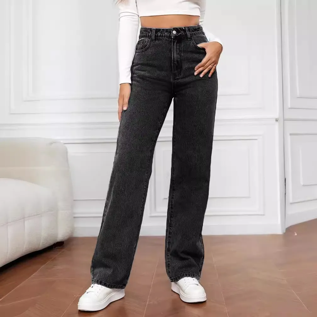 Washed Fashion Straight Jeans Women's Mid Waist - 6Color Black And Gray