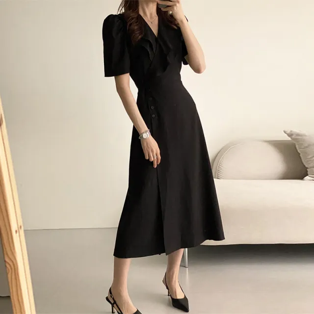 Retro Double layer Collar Oblique Buckle Waist Slimming Mid length One piece Puff Sleeve Dress Black - Shop at LoveMi