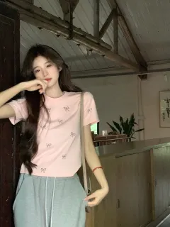 Simple Fashion Butterfly Rhinestone Round Neck Short Sleeve Female Summer - Pink - View 1