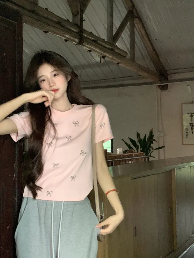 Simple Fashion Butterfly Rhinestone Round Neck Short Sleeve Female Summer Pink - Shop at LoveMi