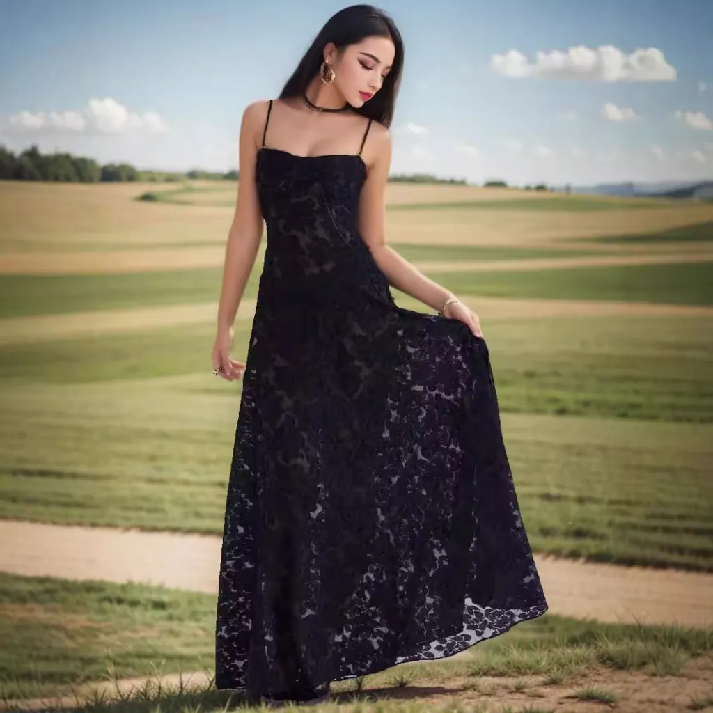 Seaside Holiday Slim-fit Suspender Skirt Floral Dress - Black