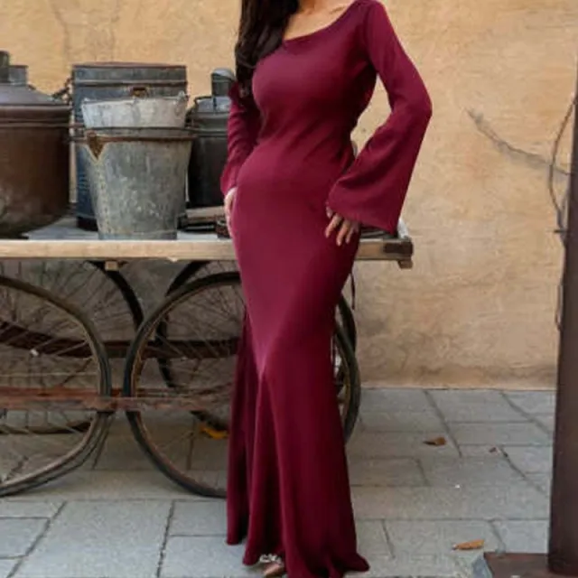 Womens Long Sleeve Lace Up Chinese Style Elegant And Effortless Waist Cinching Dress Wine - Shop at LoveMi