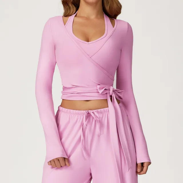 Brushed Yoga Long Sleeve One Piece Strap Yoga Clothes Sports Workout Clothes Rose Pink - Shop at LoveMi