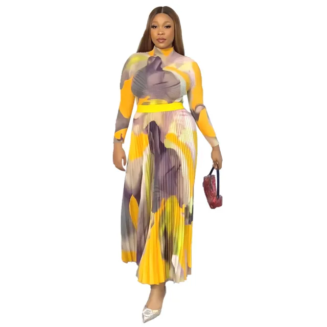 Women's Fashion Pleated Skirt Two piece Set Yellow Multicolor - Shop at LoveMi