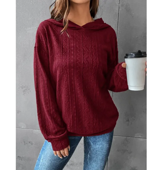 Autumn Women's Solid Color Hooded Casual Long Sleeve Sweatshirt Wine - Shop at LoveMi