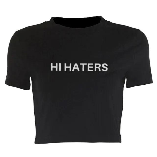 Round Neck Short Sleeve Letter Print Midriff baring Top T shirt Black - Shop at LoveMi