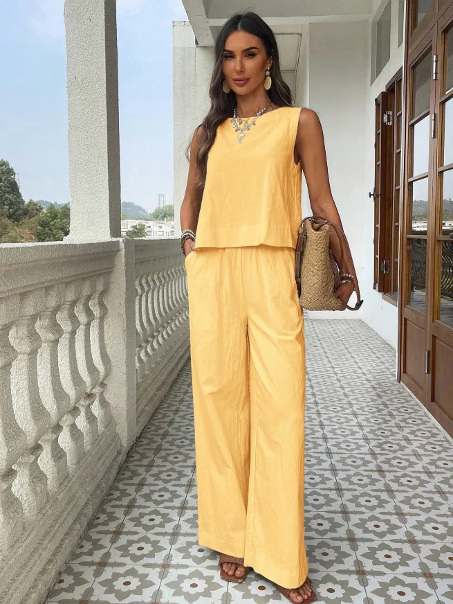 Cotton-Linen Loose Tank Top And High-Waisted Loose Straight-Leg Pants Casual Set - Yellow