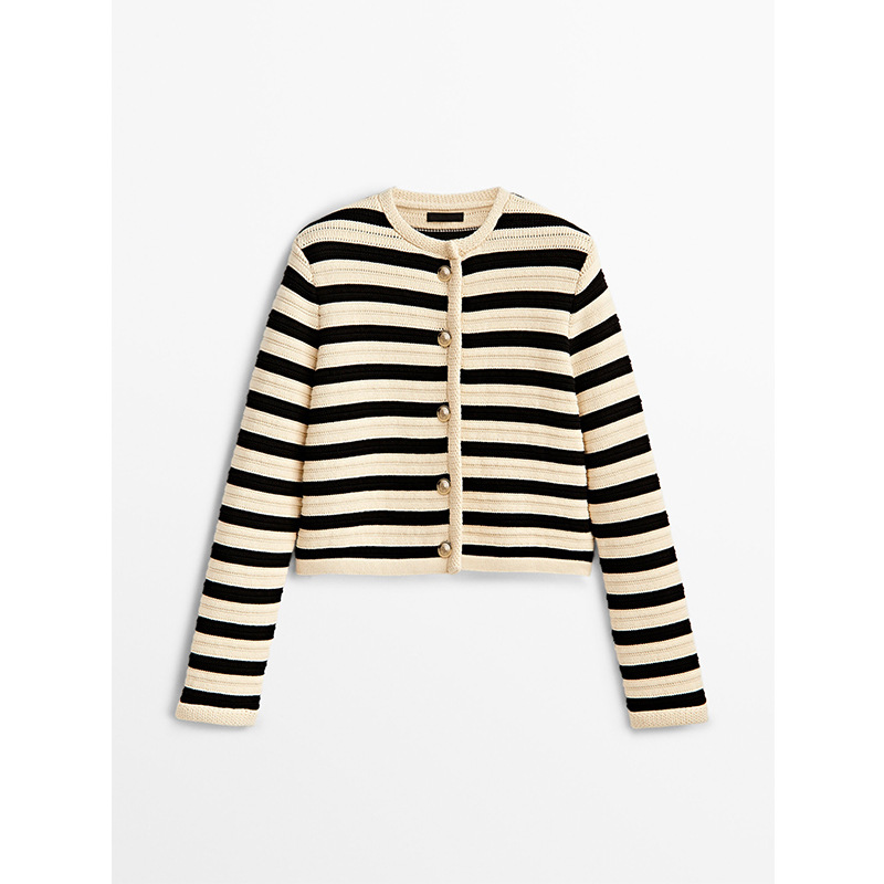 Buckle Striped Classic Style Knitted Cardigan Sweater Short Coat Black And Beige Stripe - Shop at LoveMi