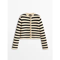 Buckle Striped Classic Style Knitted Cardigan Sweater Short Coat - Black And Beige Stripe - View 1