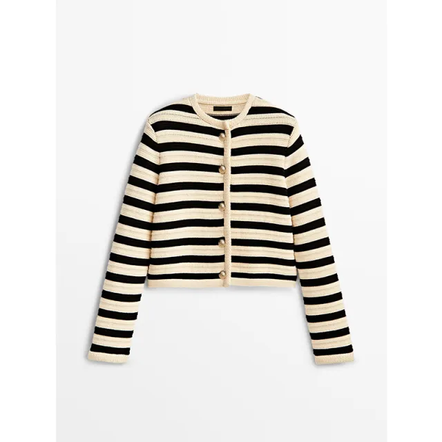 Buckle Striped Classic Style Knitted Cardigan Sweater Short Coat Black And Beige Stripe - Shop at LoveMi