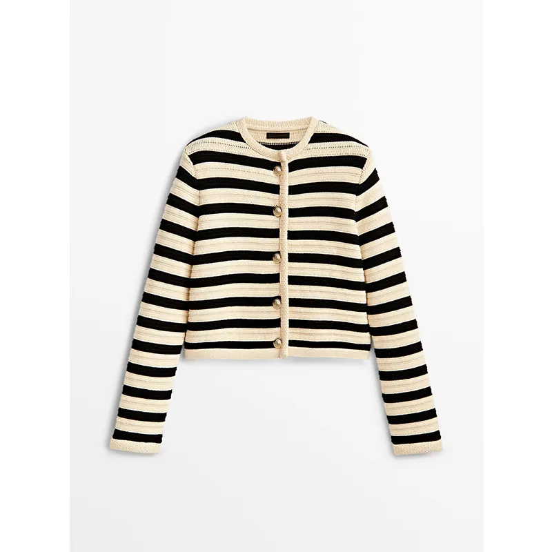 Buckle Striped Classic Style Knitted Cardigan Sweater Short Coat - Black And Beige Stripe