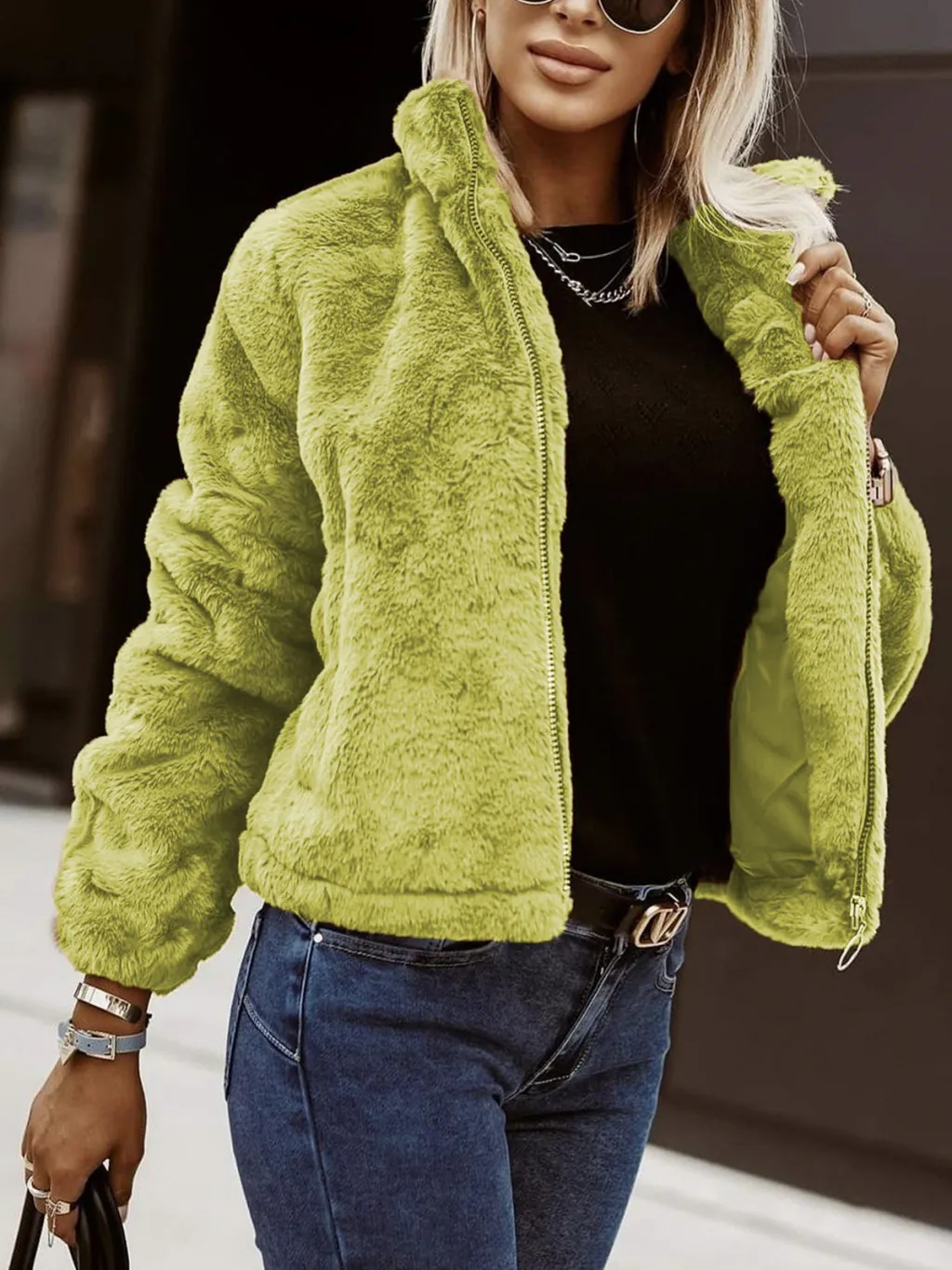 Summer Rabbit Fur Faux Leather Zipper Cardigan Plush Warm Coat - Yellow