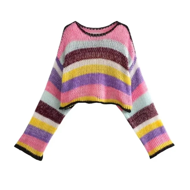 Long Sleeve Show Belly Contrast Color Blouse Sweater Rainbow - Shop at LoveMi